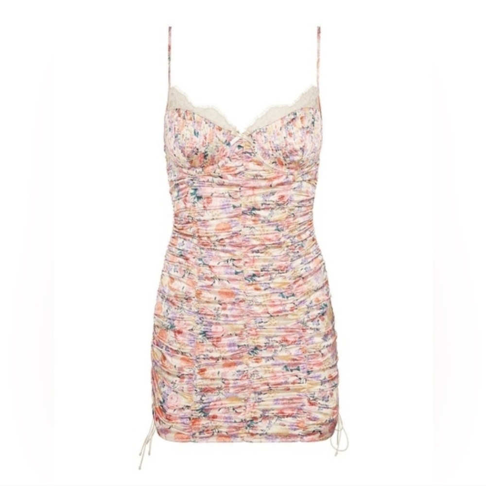 For Love & Lemons Gardenia Mini Dress Bustier Ruched Floral Pink Size XXS